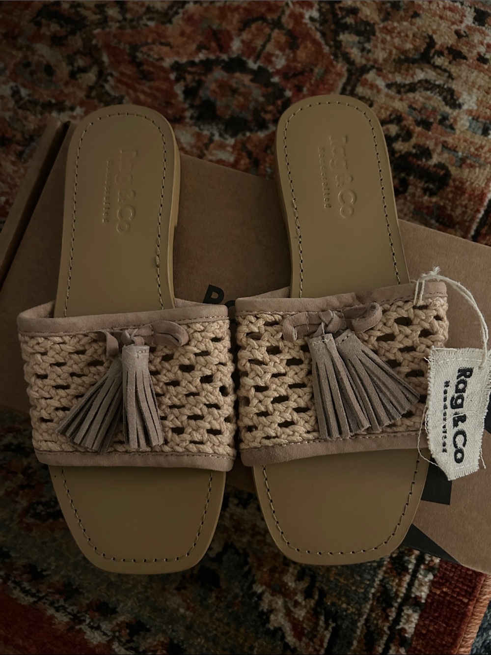 rag & bone Woven Tassel Slide Sandals in beige